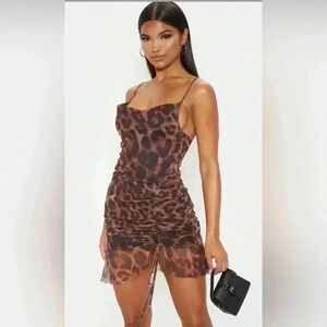Pretty Little Thing Brown Mesh Leopard Print Ruched Bodycon Dress Size 16